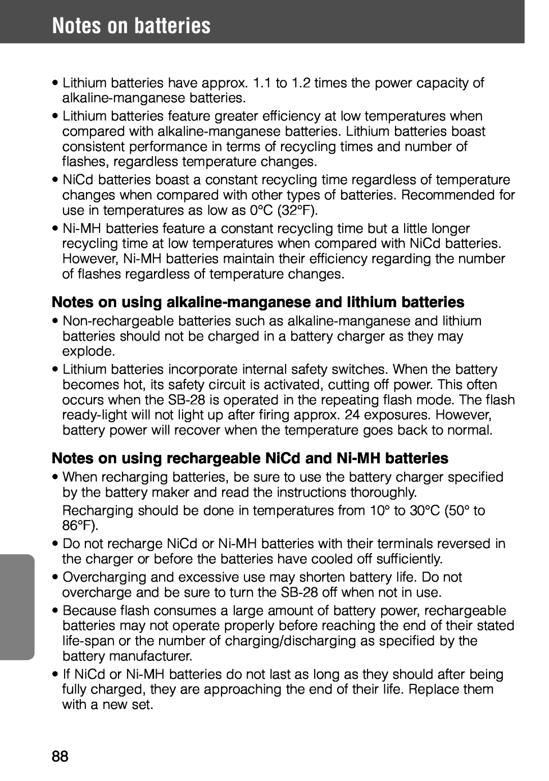 Nikon SB-28 instruction manual Notes on batteries 