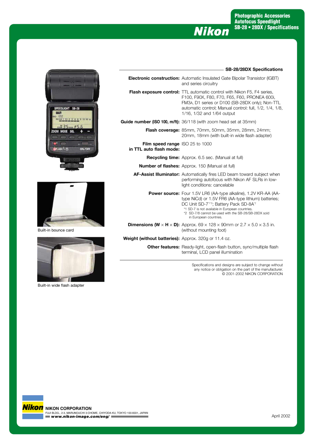 Nikon SB-28DX manual SB-28/28DX Specifications, Film speed range ISO 25 to, TTL auto flash mode 