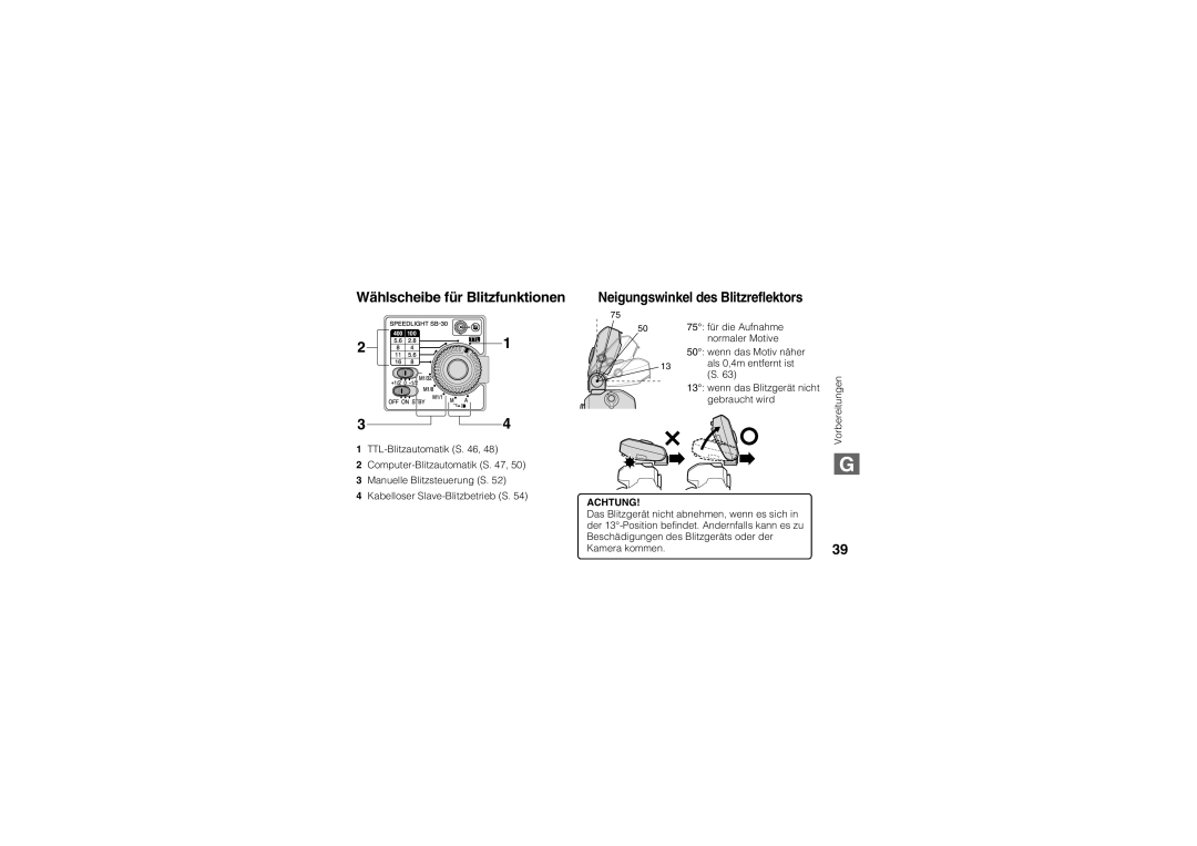 Nikon SB-30 instruction manual Wählscheibe für Blitzfunktionen, Neigungswinkel des Blitzreflektors 