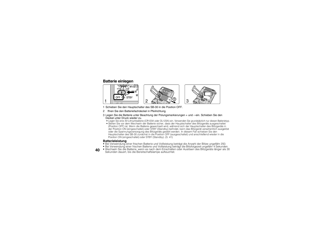 Nikon SB-30 instruction manual Batterie einlegen, Batterieleistung 