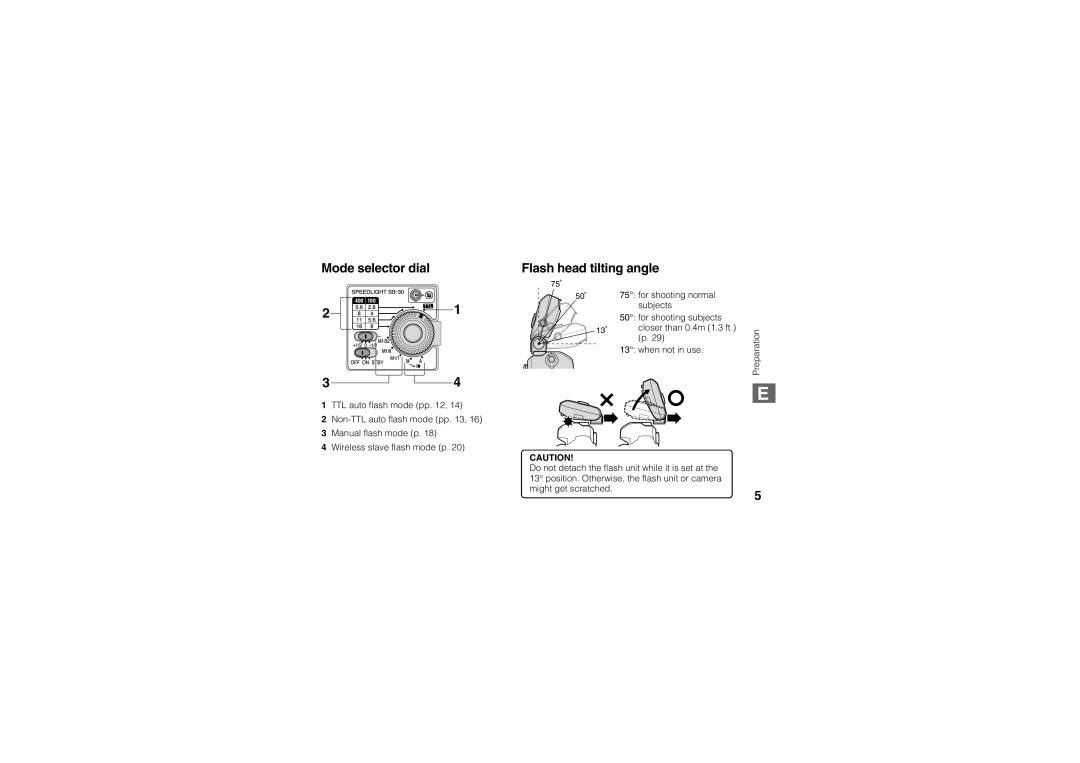 Nikon SB-30 instruction manual Mode selector dial Flash head tilting angle 