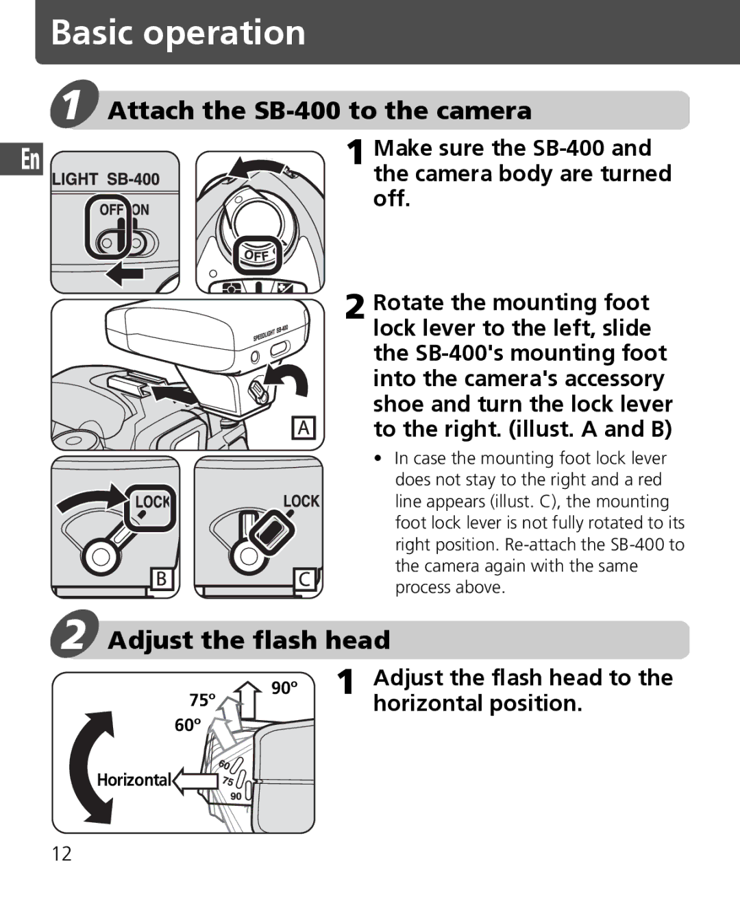 Nikon instruction manual Basic operation, Attach the SB-400 to the camera, Adjust the flash head 