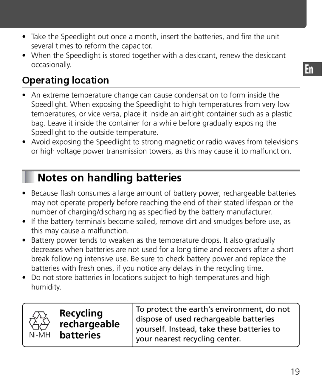 Nikon SB-400 instruction manual Operating location, Ni-MHbatteries, Recycling rechargeable 