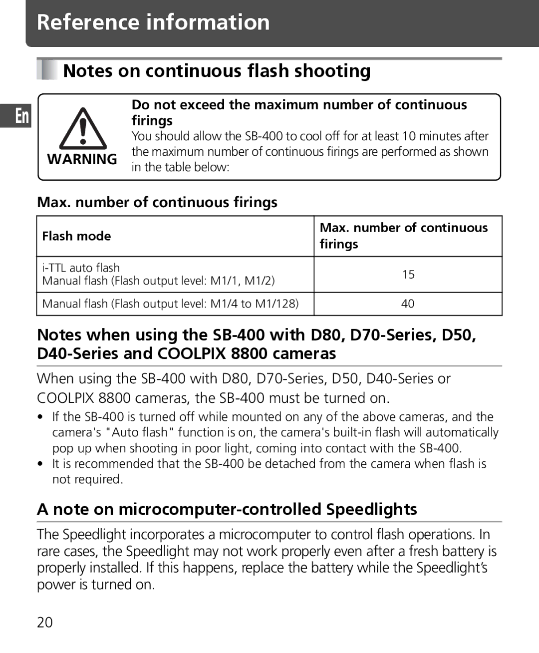 Nikon SB-400 Reference information, Max. number of continuous firings, Flash mode Max. number of continuous Firings 