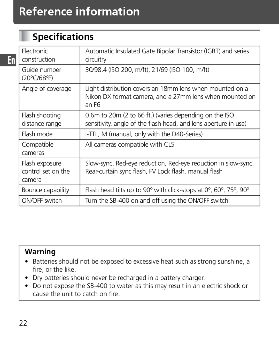 Nikon SB-400 instruction manual Specifications 