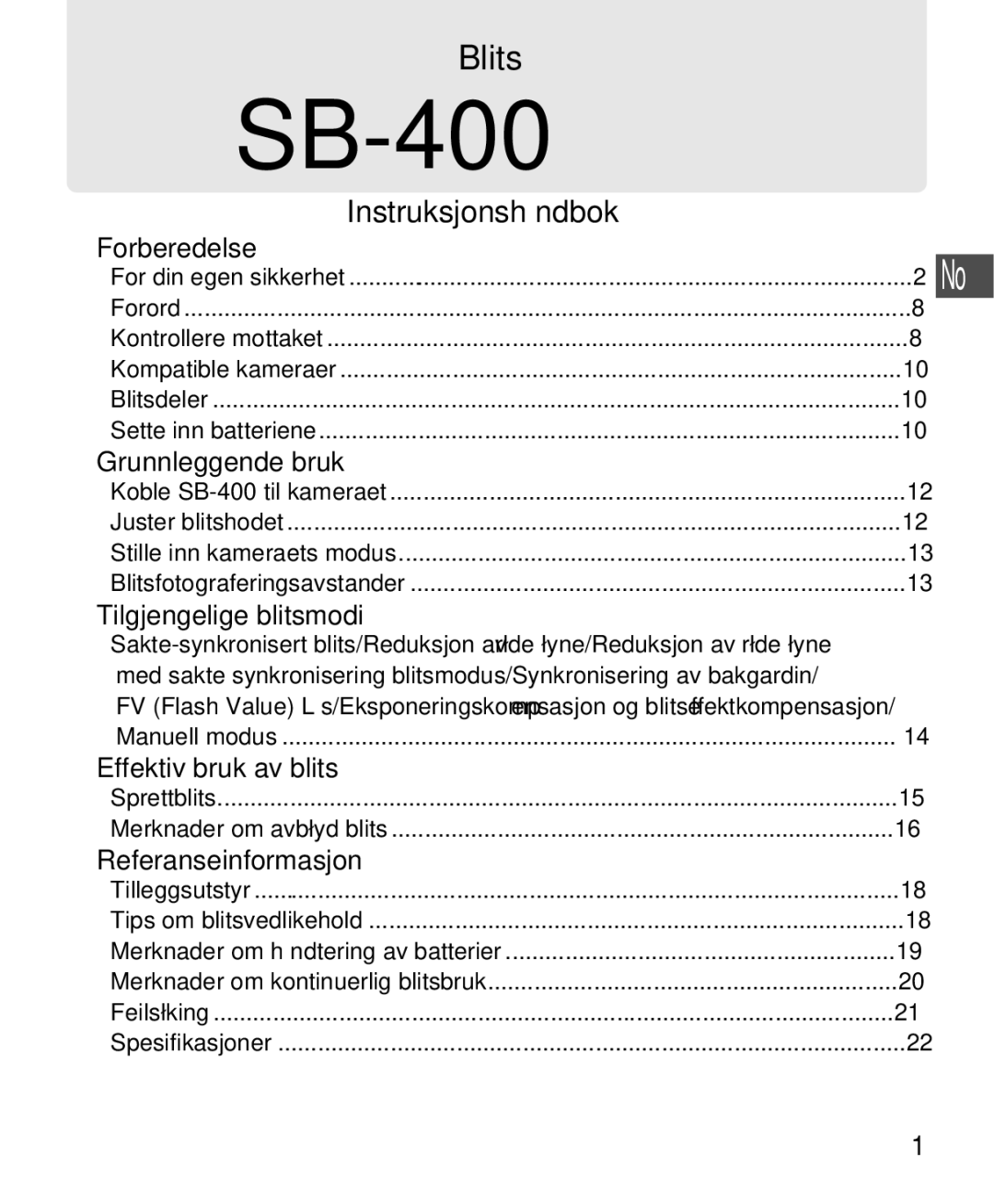 Nikon SB-400 instruction manual Blits, Instruksjonshåndbok 