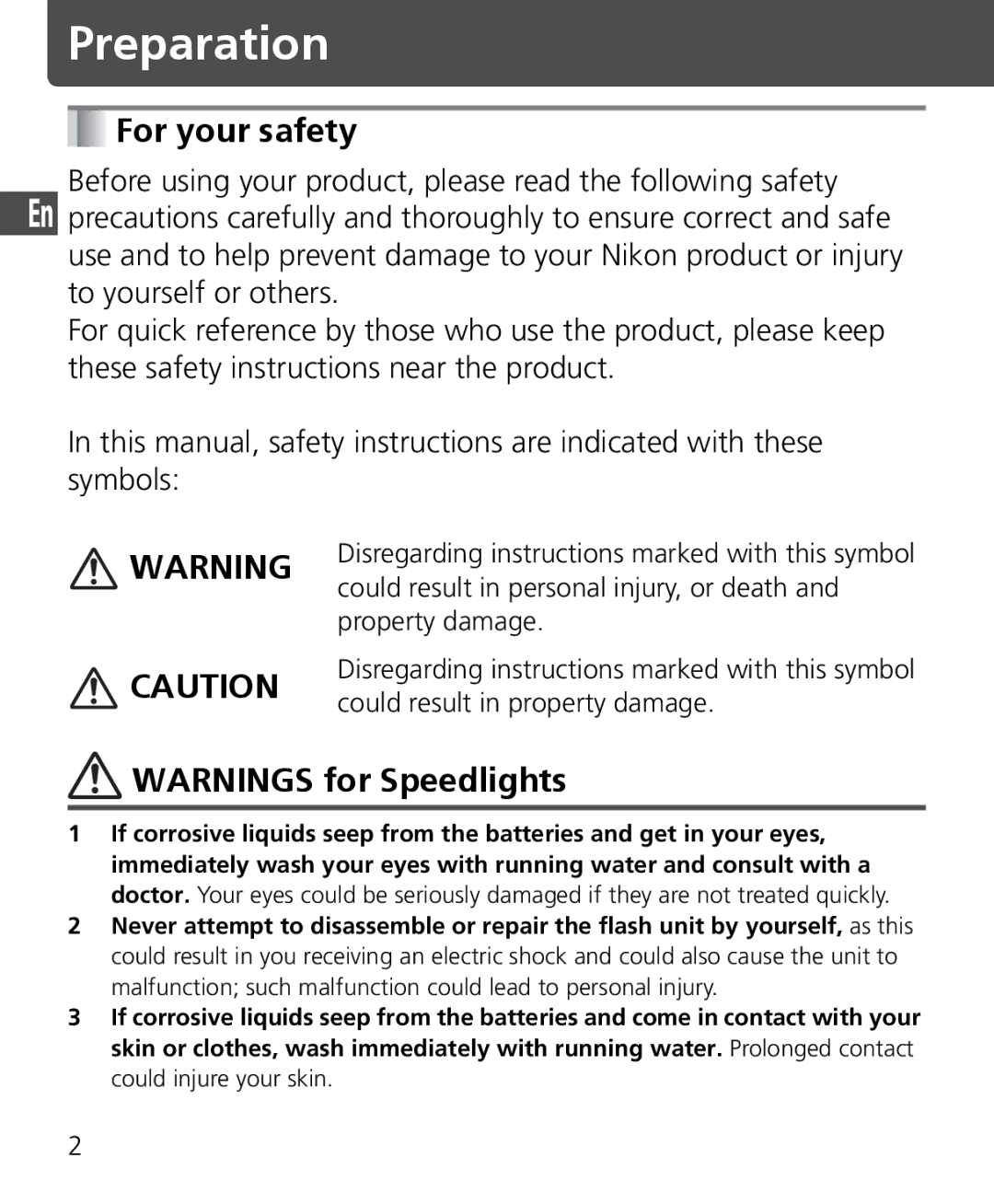 Nikon SB-400 instruction manual Preparation, For your safety 