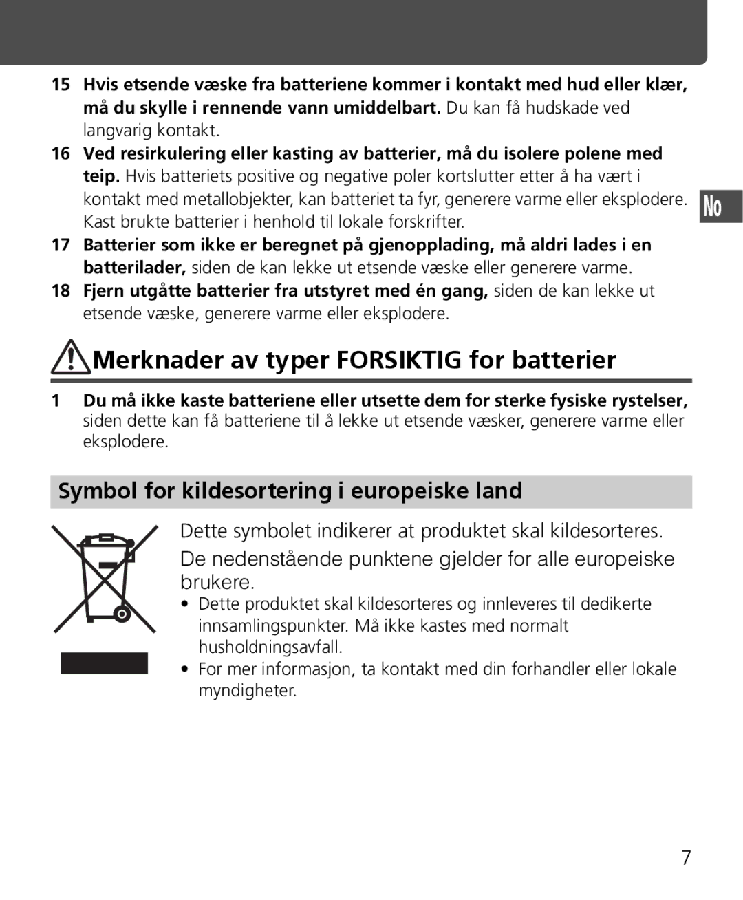 Nikon SB-400 instruction manual Merknader av typer Forsiktig for batterier, Symbol for kildesortering i europeiske land 