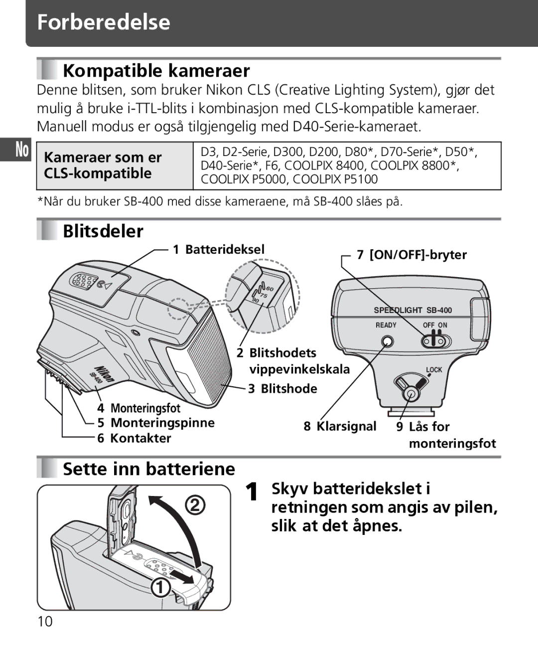 Nikon SB-400 Kompatible kameraer, Blitsdeler, Sette inn batteriene, Skyv batteridekslet, Slik at det åpnes 