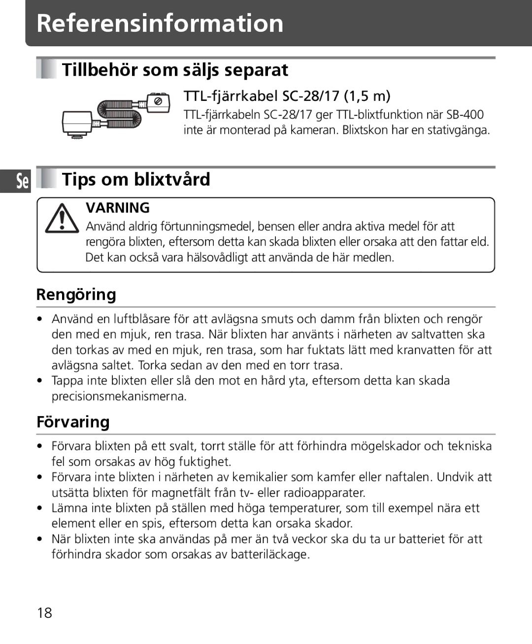 Nikon SB-400 Referensinformation, Tillbehör som säljs separat, Se Tips om blixtvård, Rengöring, Förvaring 