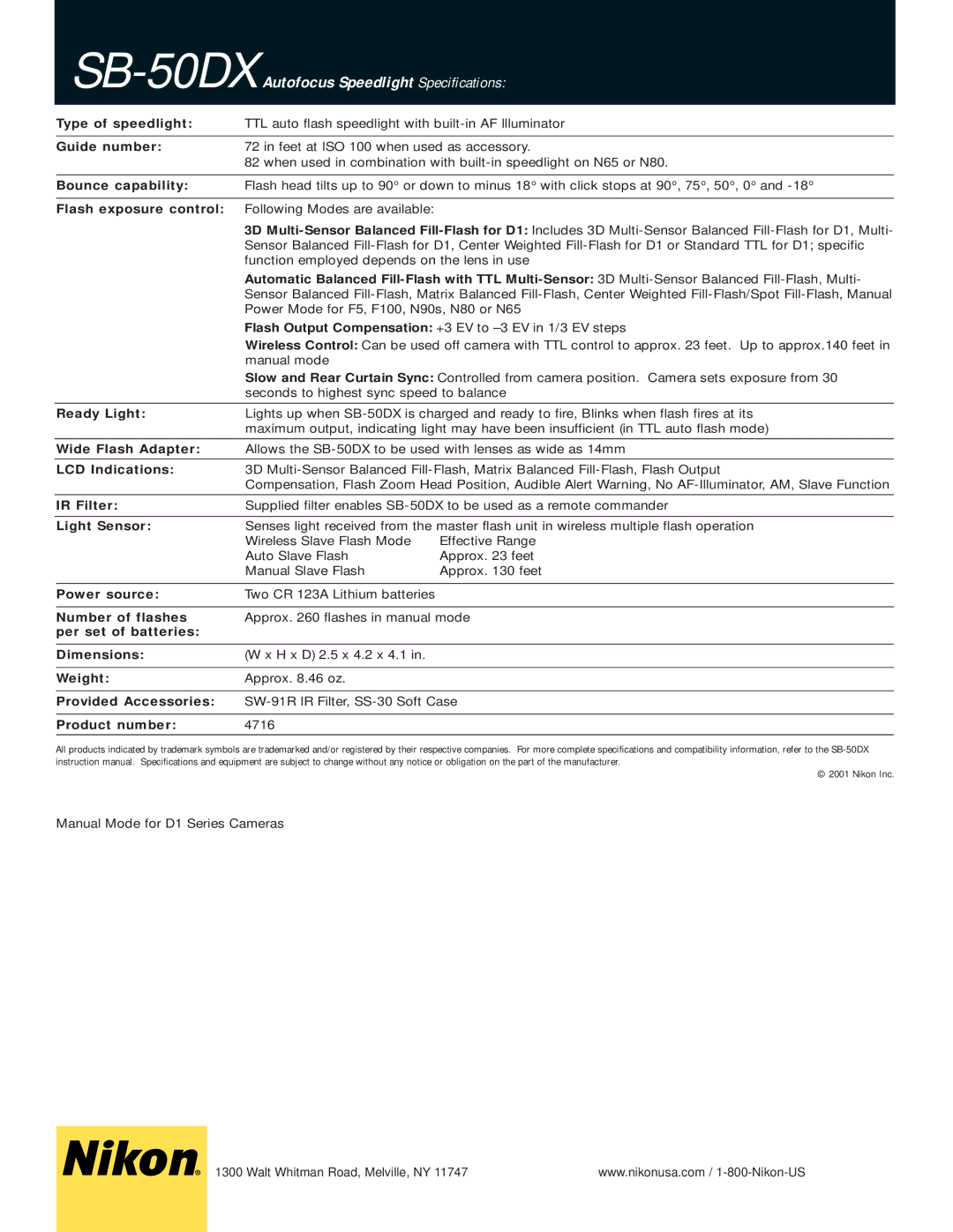 Nikon manual SB-50DXAutofocus Speedlight Specifications 