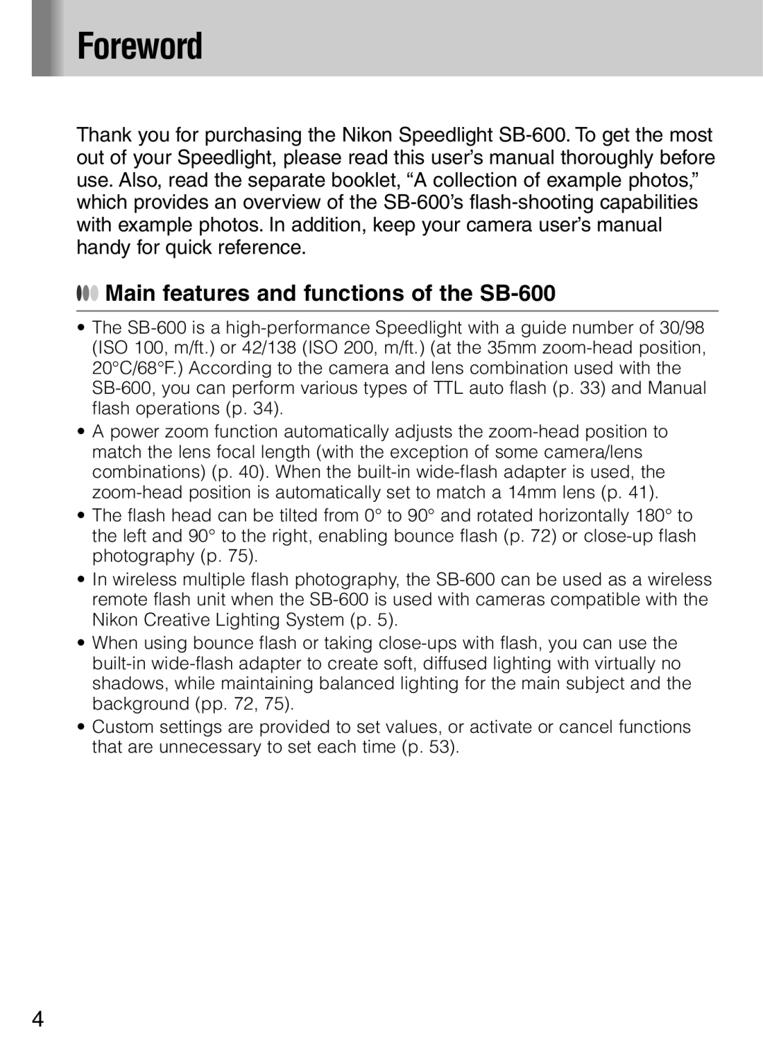 Nikon user manual Foreword, Main features and functions of the SB-600 