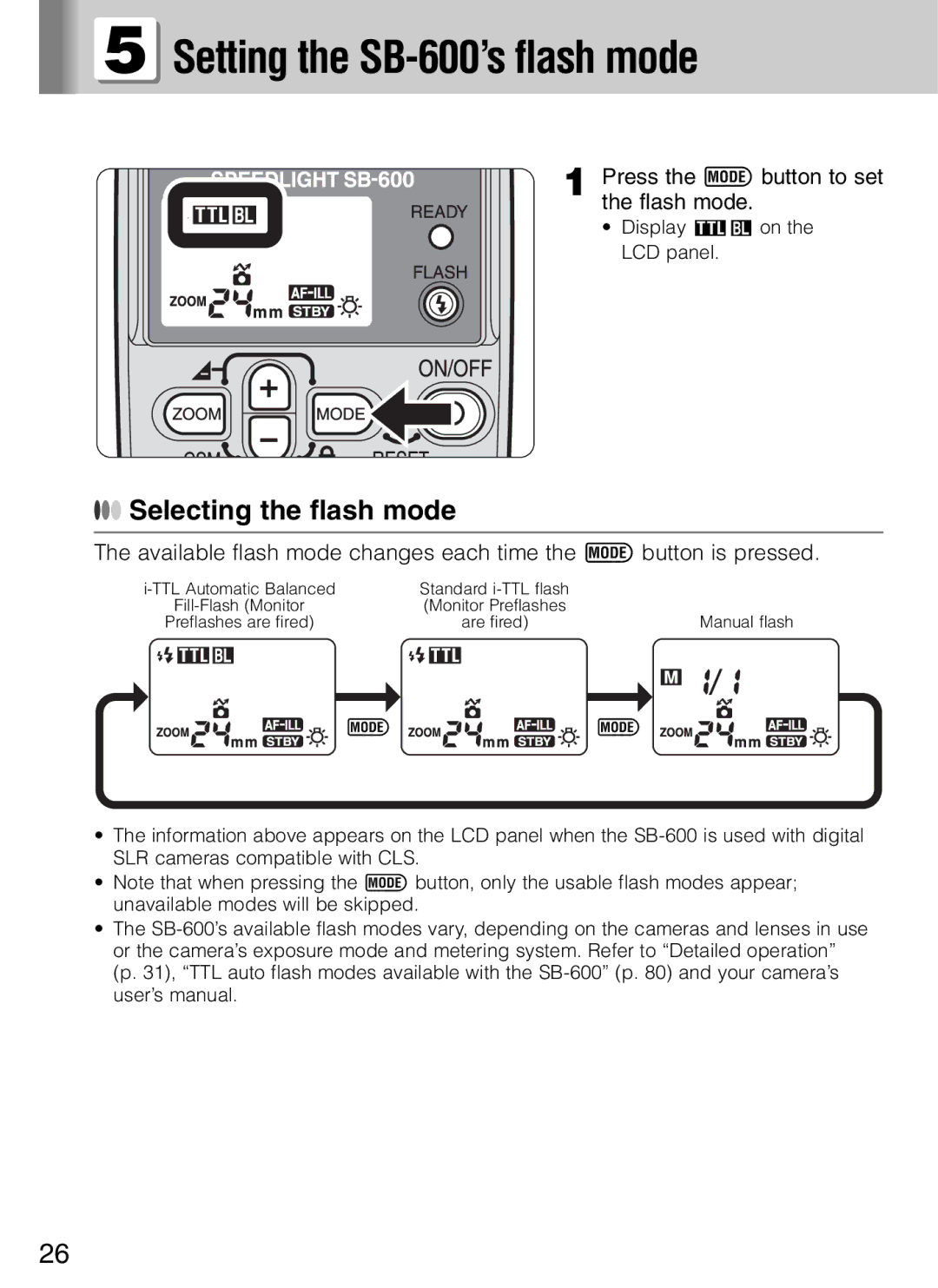 Nikon user manual Setting the SB-600’s flash mode, Selecting the flash mode 