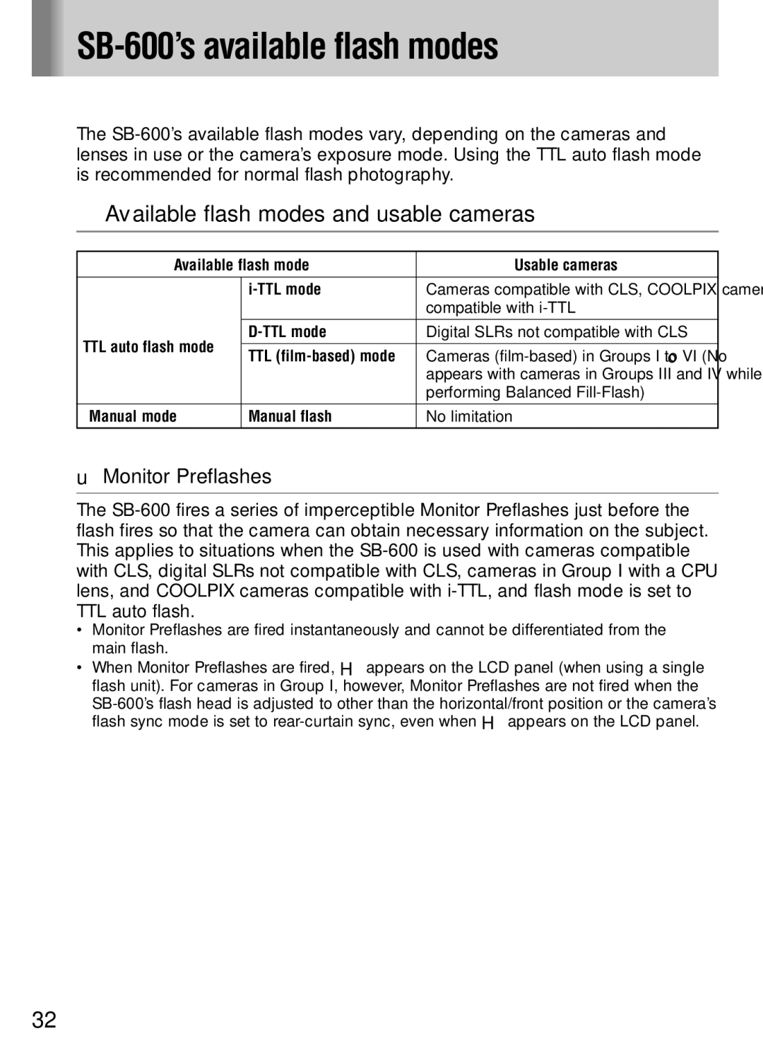 Nikon user manual SB-600’s available flash modes, Available flash modes and usable cameras, Monitor Preflashes 