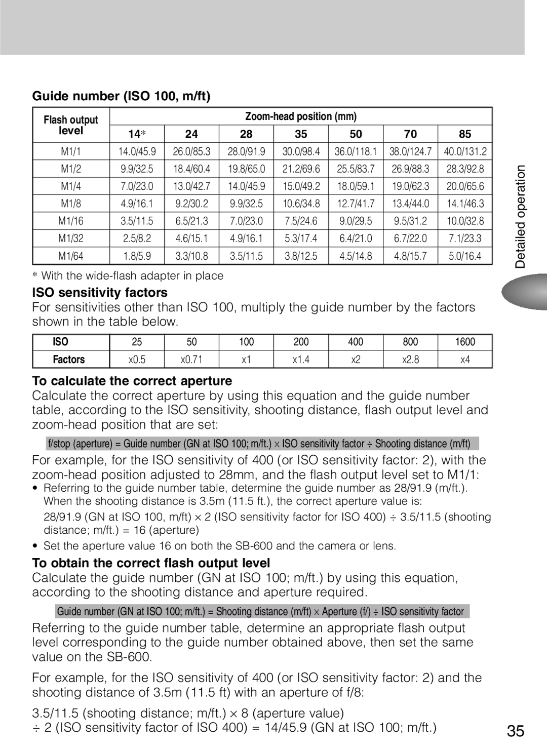 Nikon SB-600 user manual Guide number ISO 100, m/ft, ISO sensitivity factors, To calculate the correct aperture 