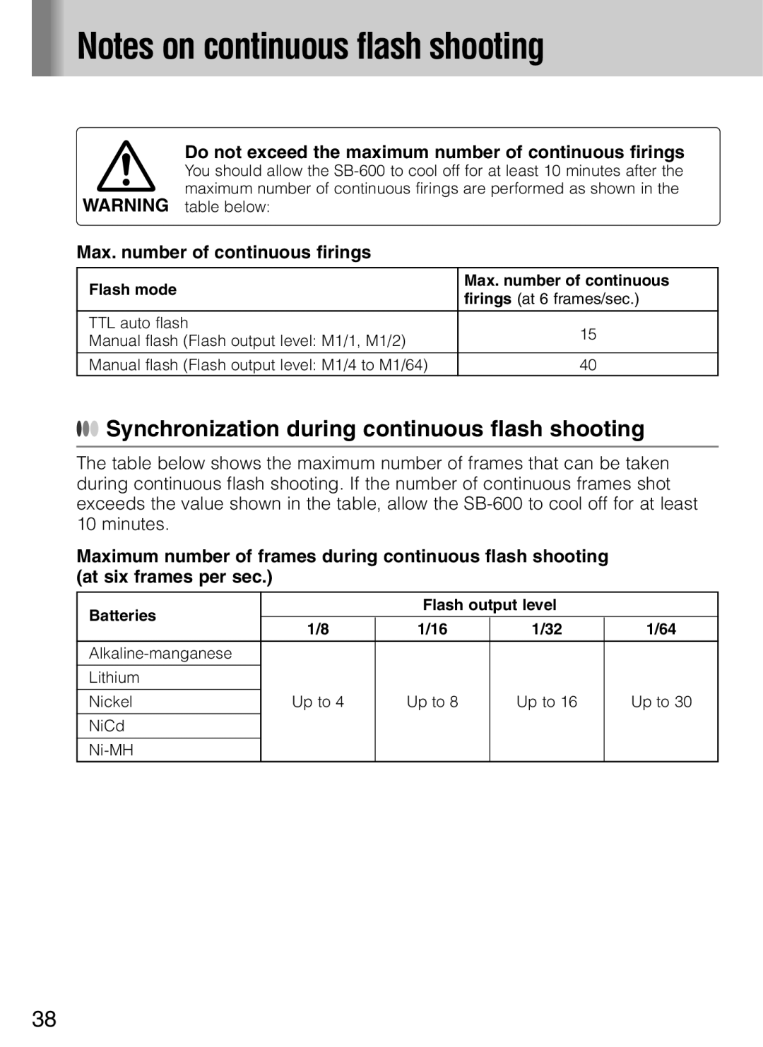 Nikon SB-600 Synchronization during continuous flash shooting, Do not exceed the maximum number of continuous firings 