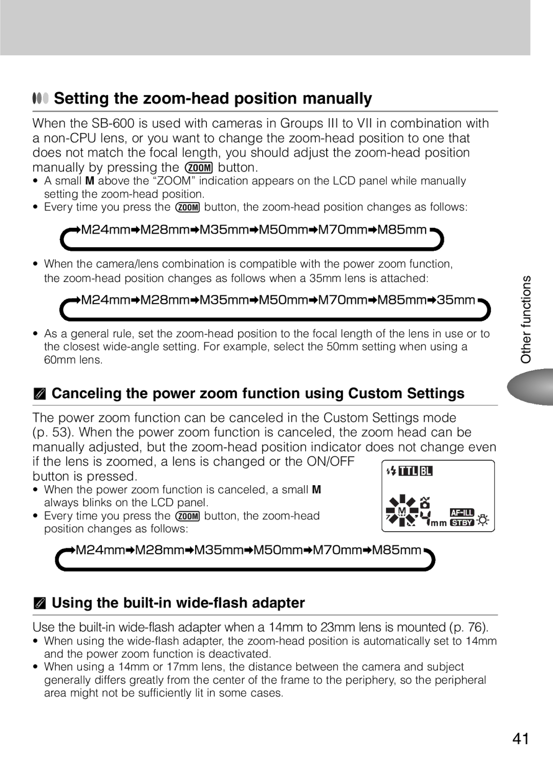 Nikon SB-600 user manual Setting the zoom-head position manually, Canceling the power zoom function using Custom Settings 