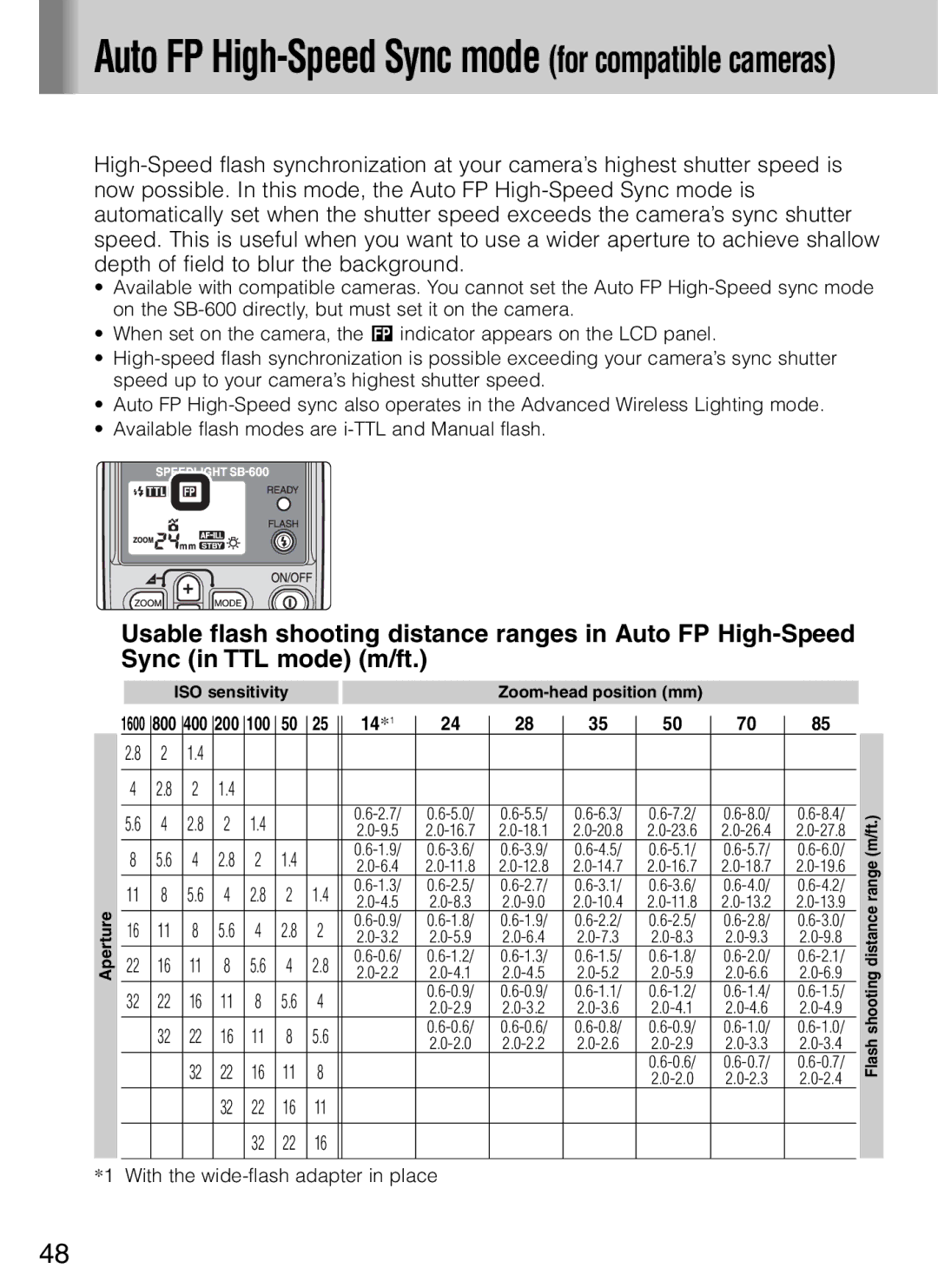 Nikon SB-600 user manual Auto FP High-Speed Sync mode for compatible cameras, 14*1 