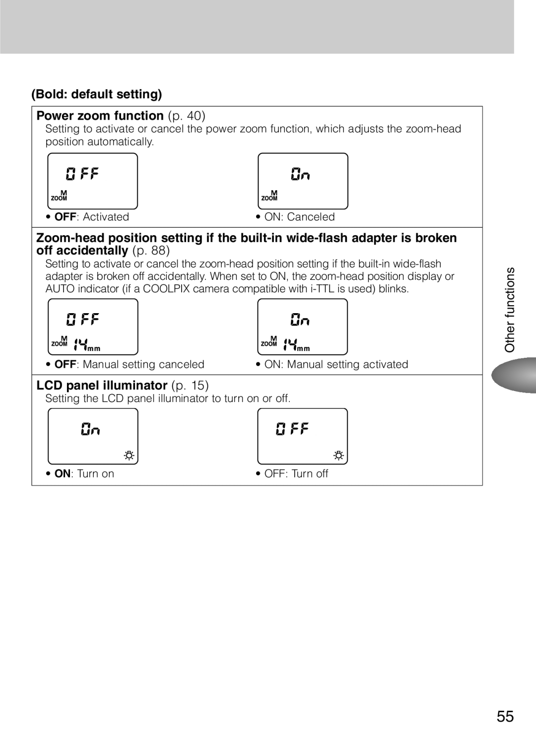 Nikon SB-600 user manual Bold default setting Power zoom function p, LCD panel illuminator p 