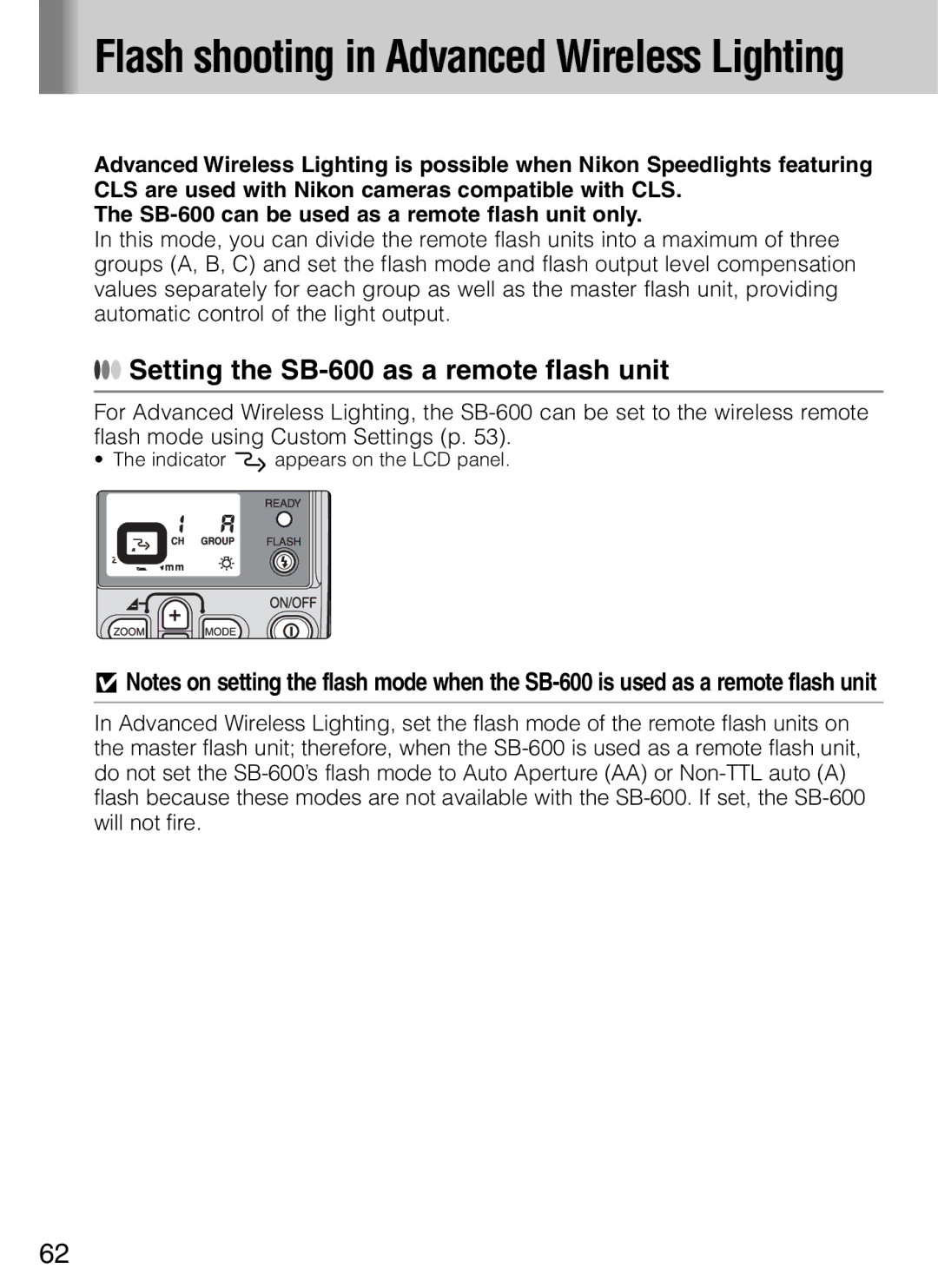 Nikon user manual Flash shooting in Advanced Wireless Lighting, Setting the SB-600 as a remote flash unit 