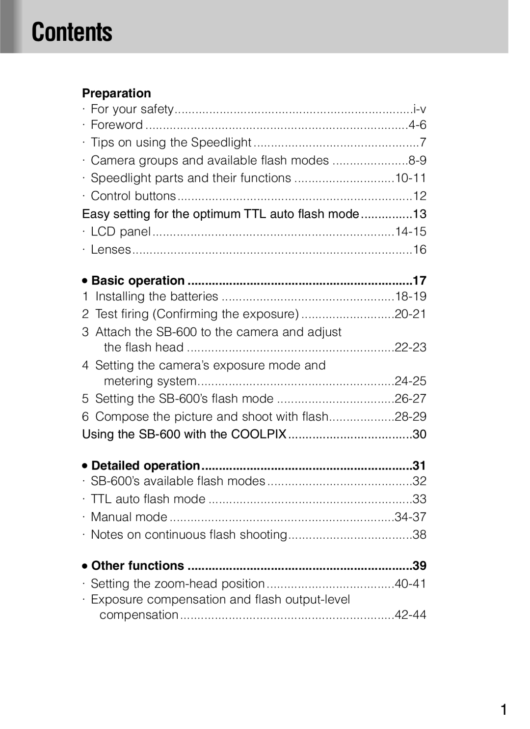 Nikon SB-600 user manual Contents 