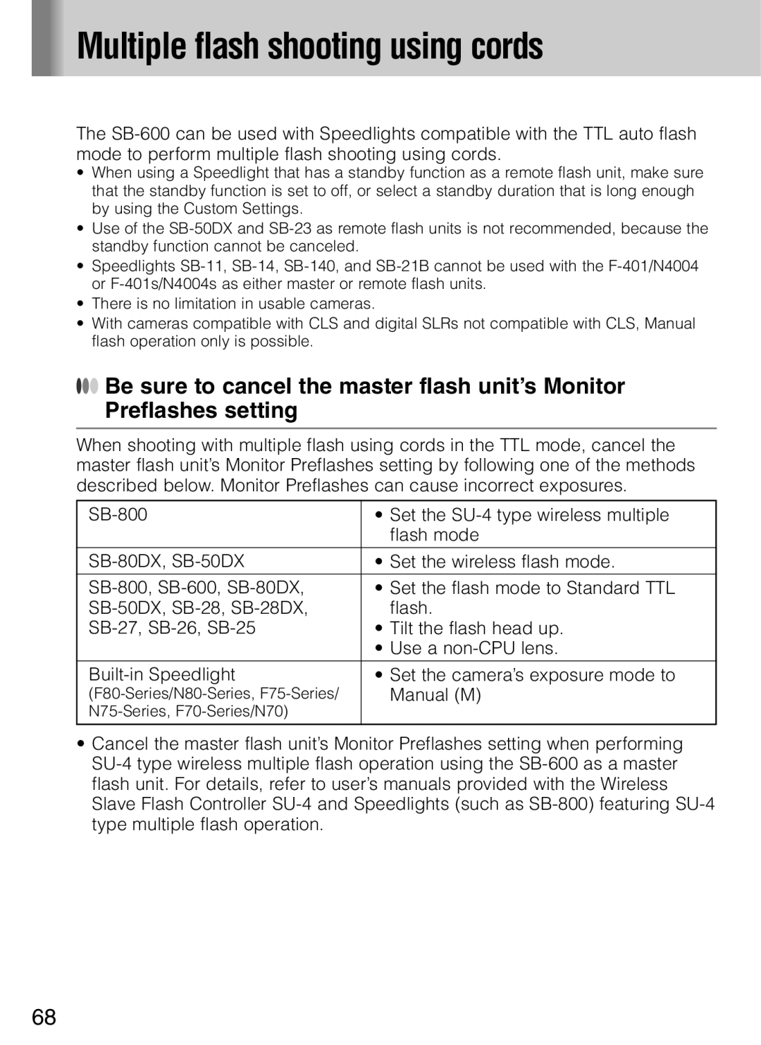 Nikon SB-600 user manual Multiple flash shooting using cords 