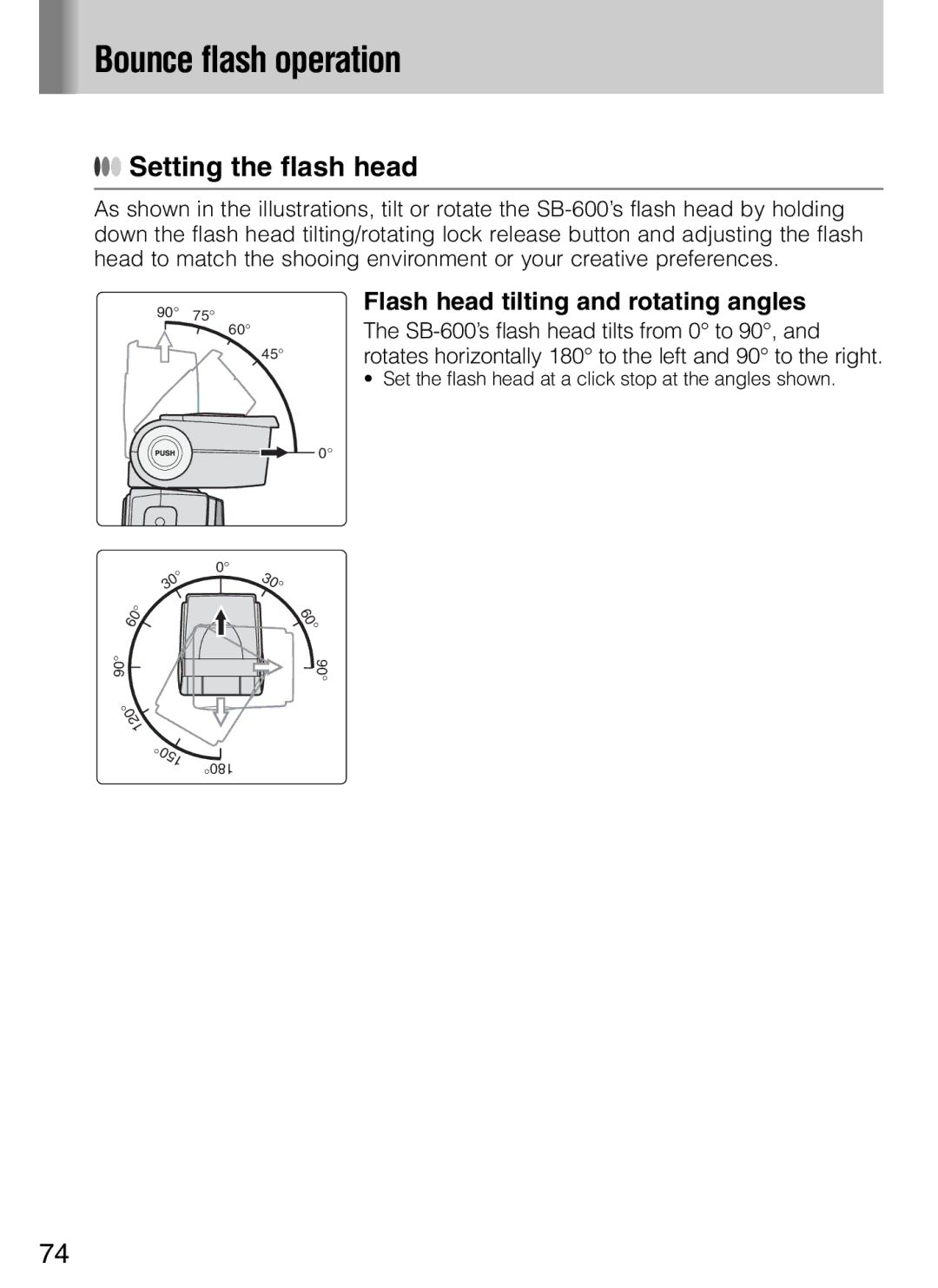 Nikon SB-600 user manual Bounce flash operation, Setting the flash head, Flash head tilting and rotating angles 