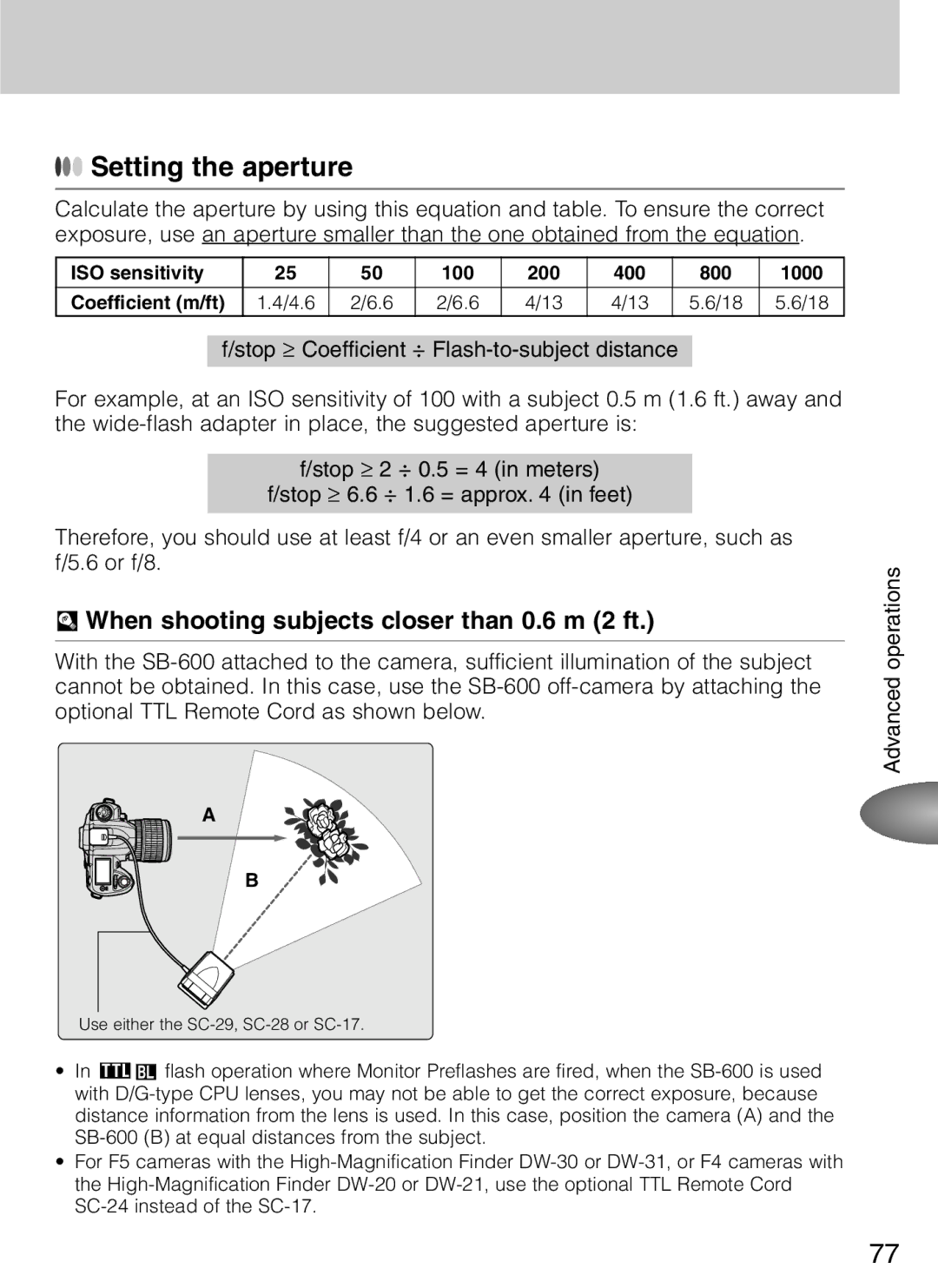 Nikon SB-600 user manual Setting the aperture, When shooting subjects closer than 0.6 m 2 ft 