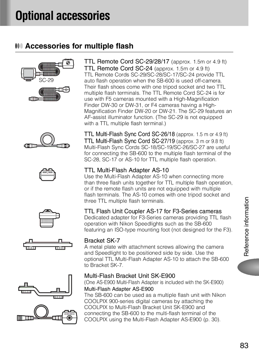 Nikon SB-600 user manual Optional accessories, Accessories for multiple flash 