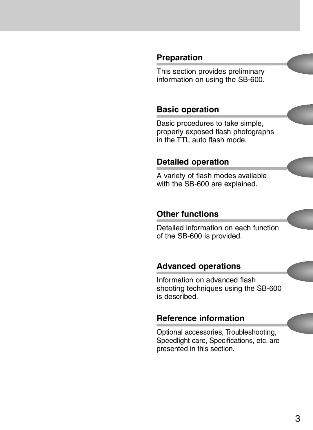 Nikon SB-600 Preparation, Basic operation, Detailed operation, Other functions, Advanced operations, Reference information 