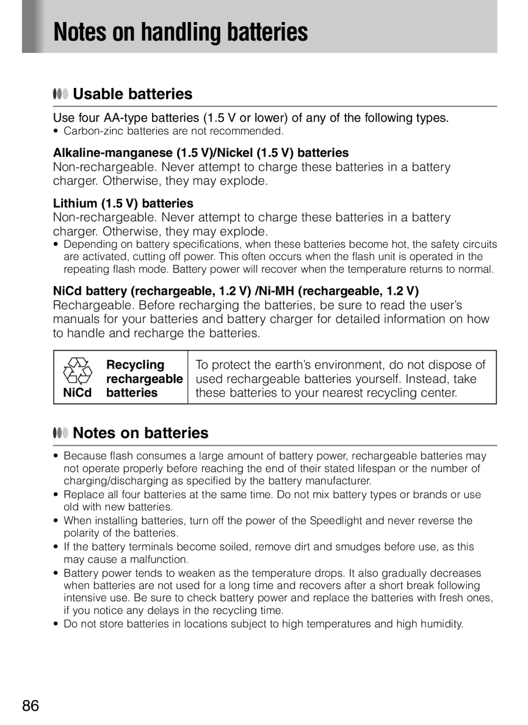 Nikon SB-600 user manual Usable batteries, NiCd batteries 