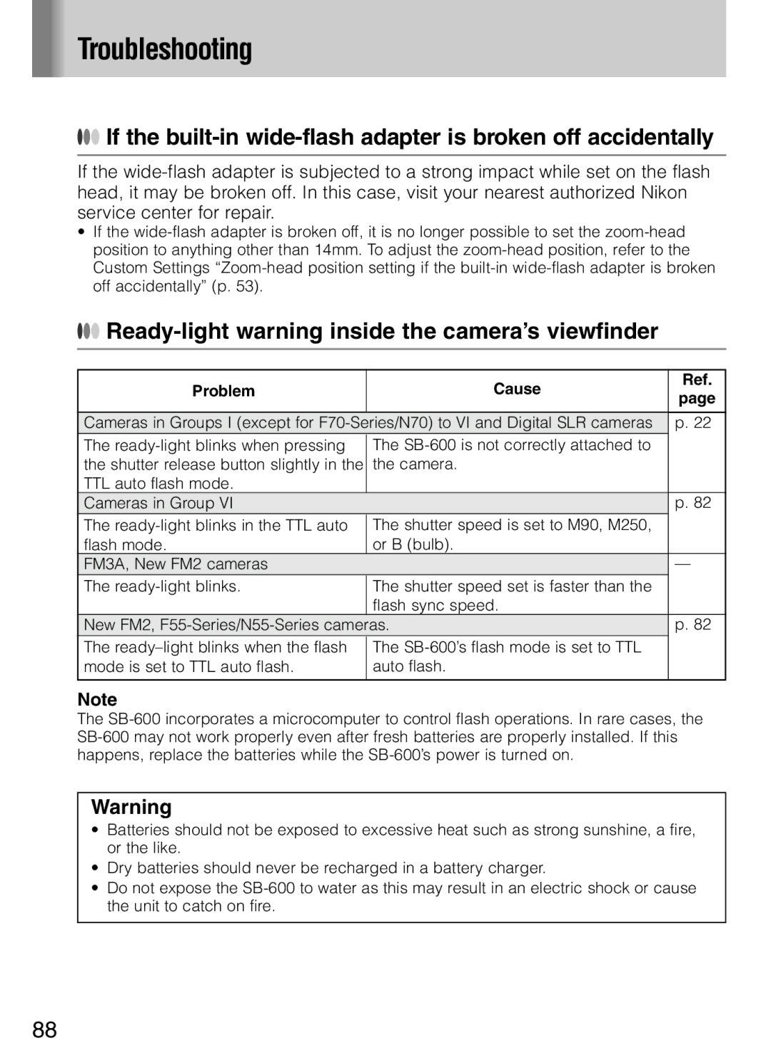 Nikon SB-600 user manual Troubleshooting, Ready-light warning inside the camera’s viewfinder 