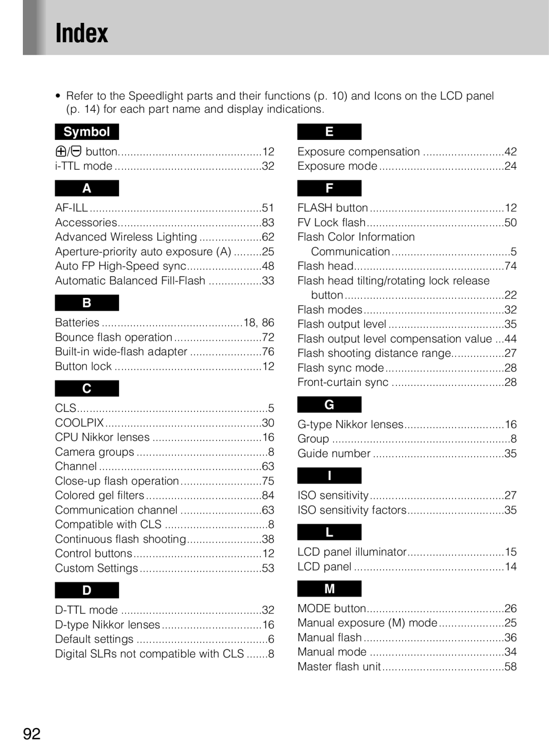 Nikon SB-600 user manual Index, Symbol 