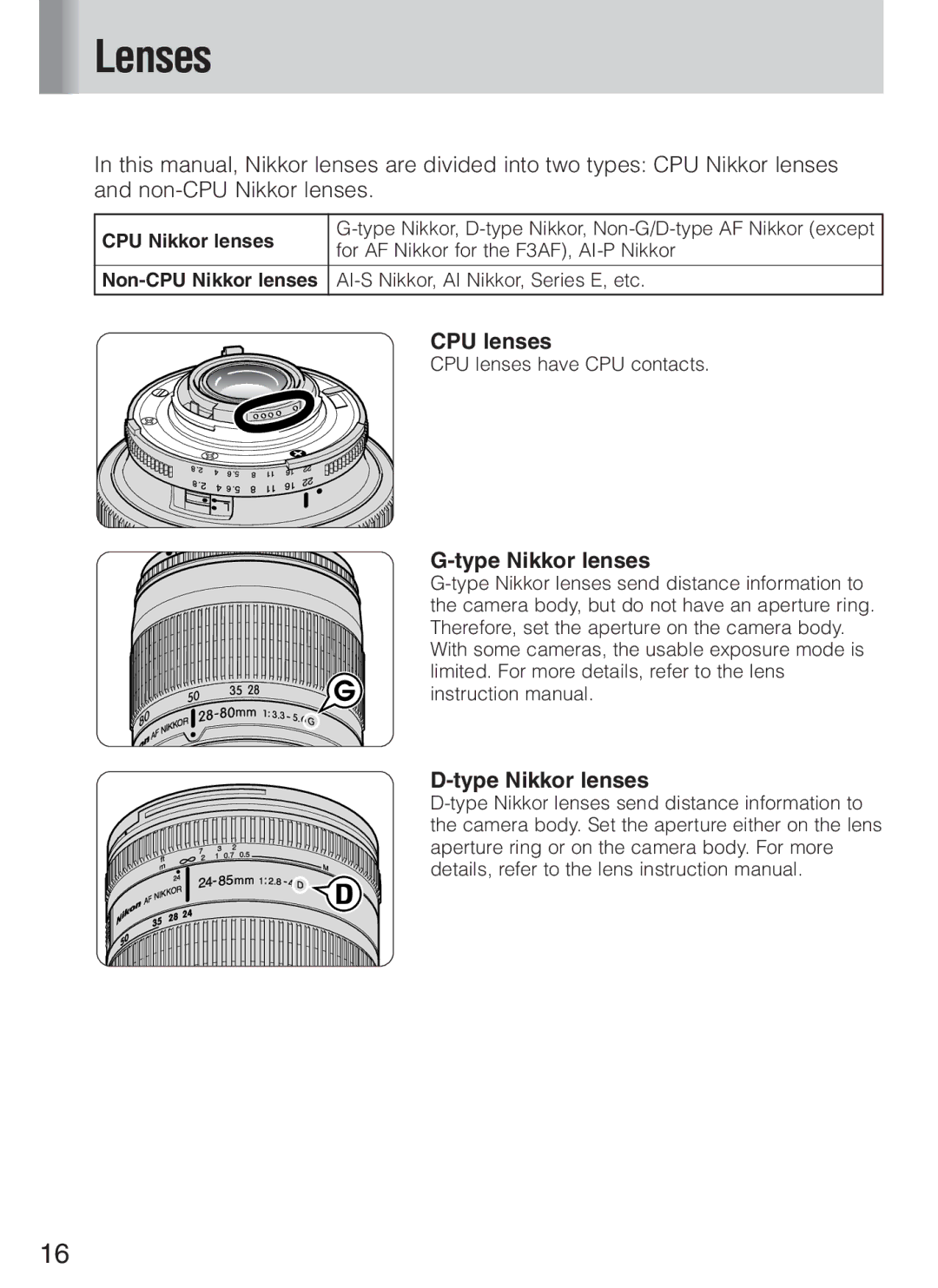 Nikon SB-600 instruction manual Lenses, CPU lenses, Type Nikkor lenses, Non-CPU Nikkor lenses 