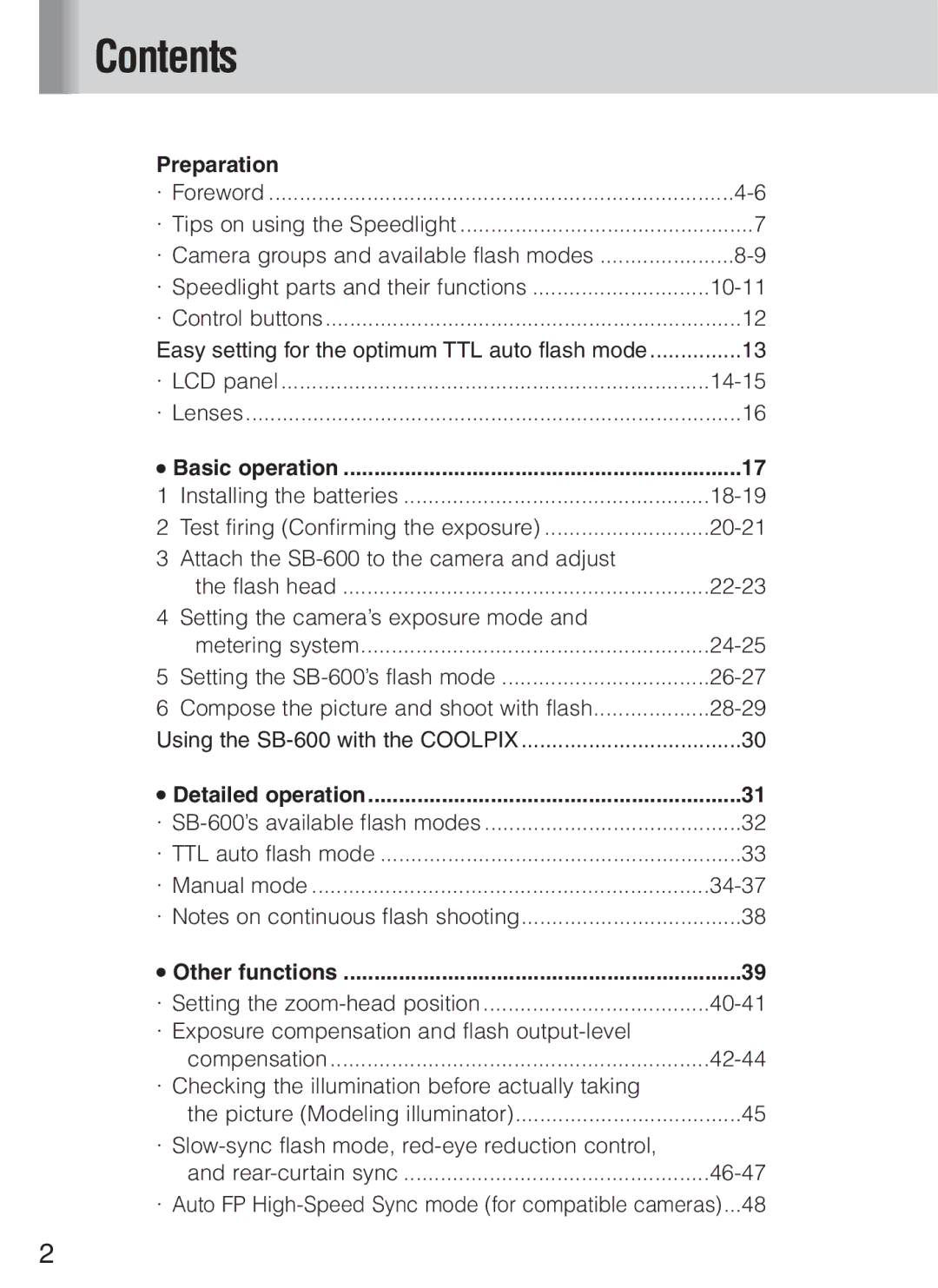 Nikon SB-600 instruction manual Contents 