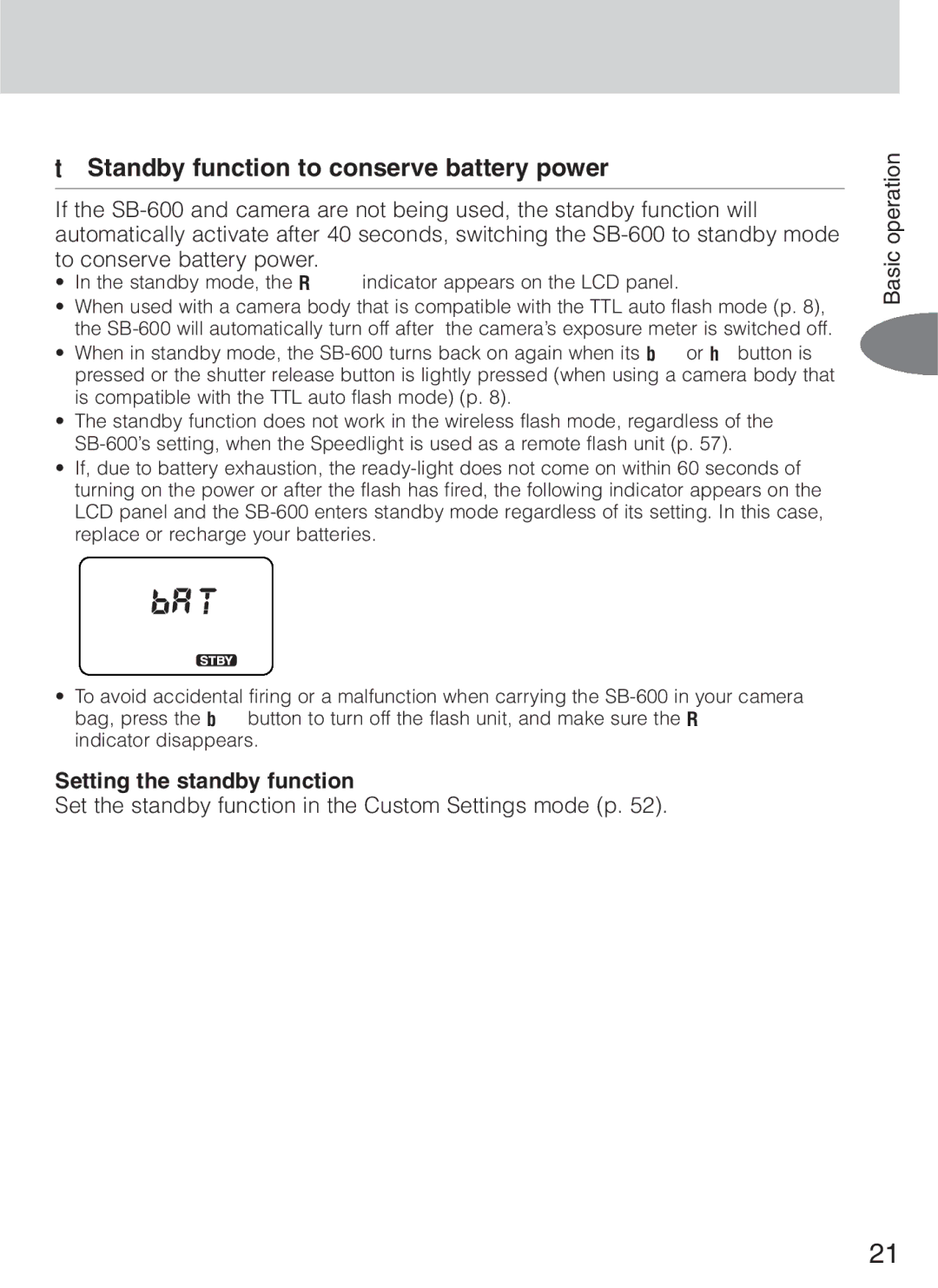 Nikon SB-600 instruction manual Standby function to conserve battery power, Setting the standby function 