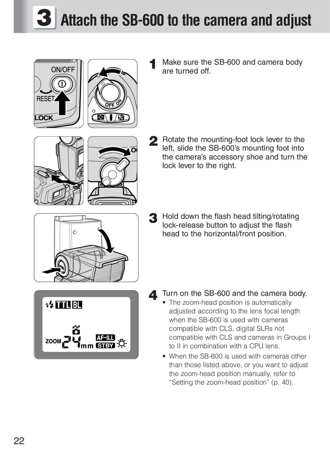 Nikon instruction manual Attach the SB-600 to the camera and adjust 