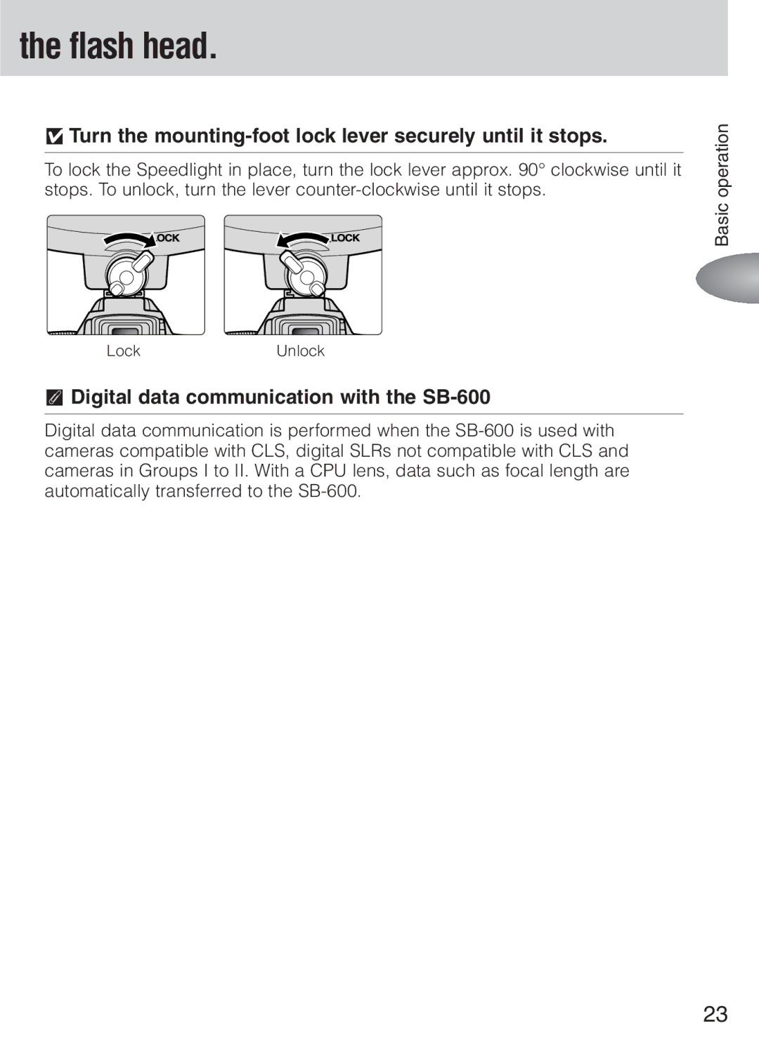 Nikon SB-600 instruction manual Flash head, Turn the mounting-foot lock lever securely until it stops 