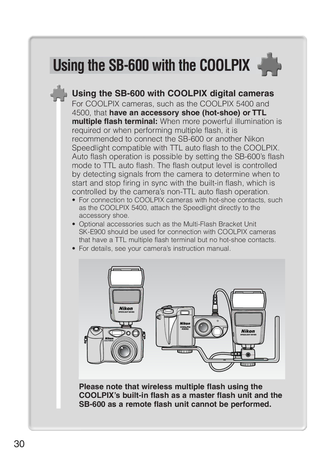 Nikon instruction manual Using the SB-600 with the Coolpix, Using the SB-600 with Coolpix digital cameras 