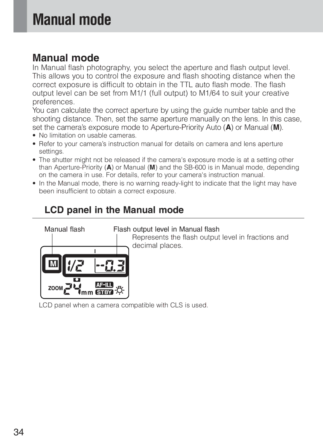 Nikon SB-600 instruction manual LCD panel in the Manual mode 