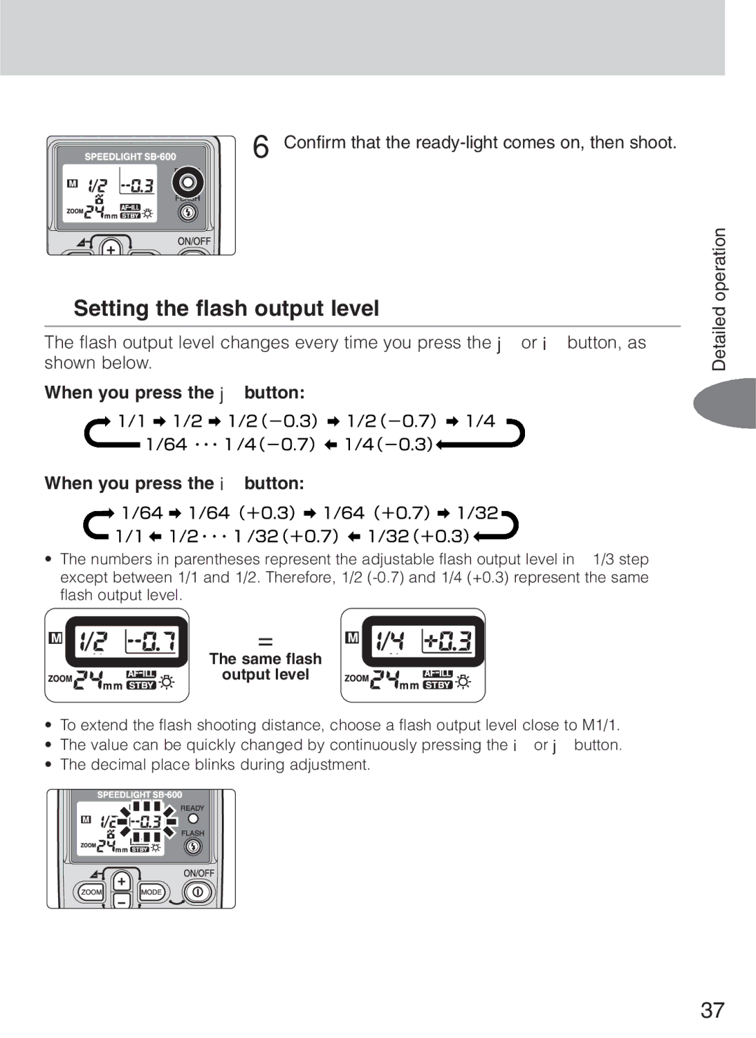 Nikon SB-600 Setting the flash output level, Confirm that the ready-light comes on, then shoot, Same flash Output level 