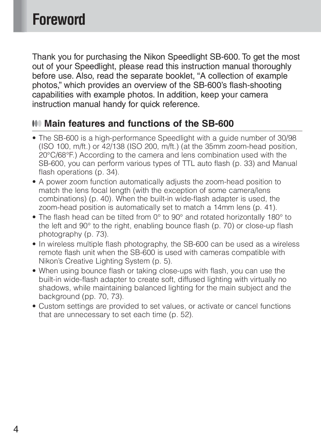 Nikon instruction manual Foreword, Main features and functions of the SB-600 