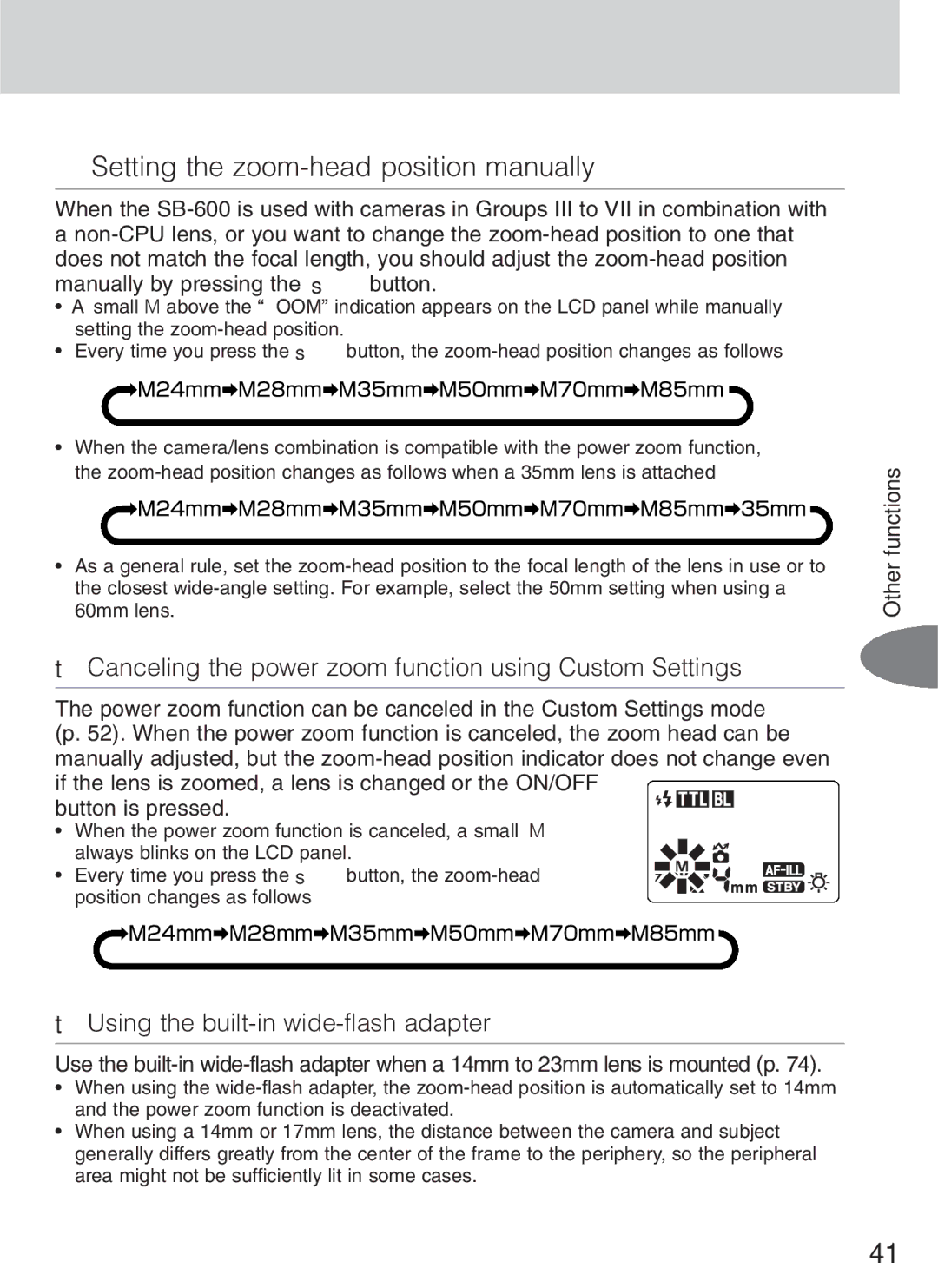 Nikon SB-600 Setting the zoom-head position manually, Canceling the power zoom function using Custom Settings 