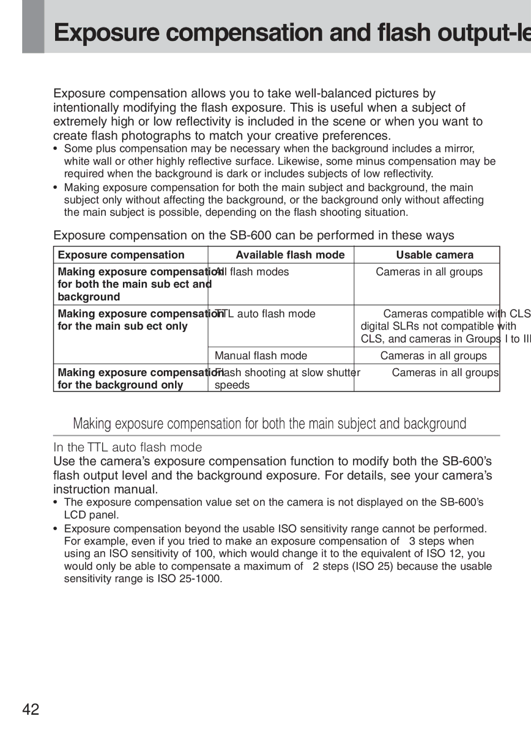 Nikon SB-600 instruction manual Exposure compensation Available flash mode Usable camera, For the main subject only 