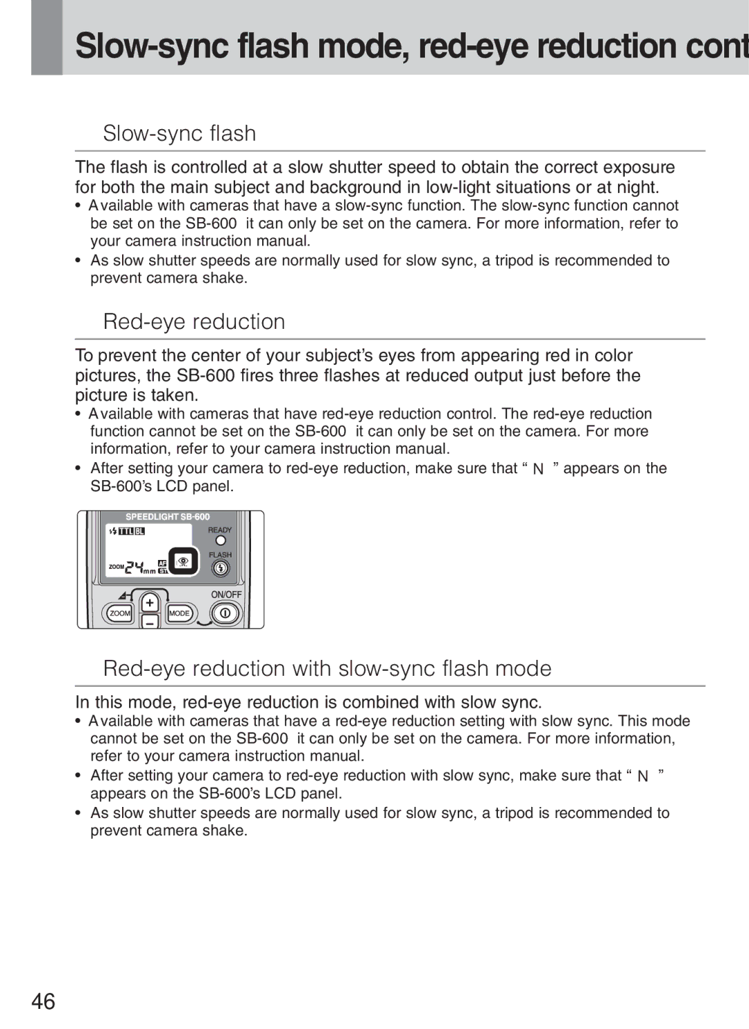 Nikon SB-600 instruction manual Slow-sync flash mode, red-eye reduction control, Red-eye reduction 