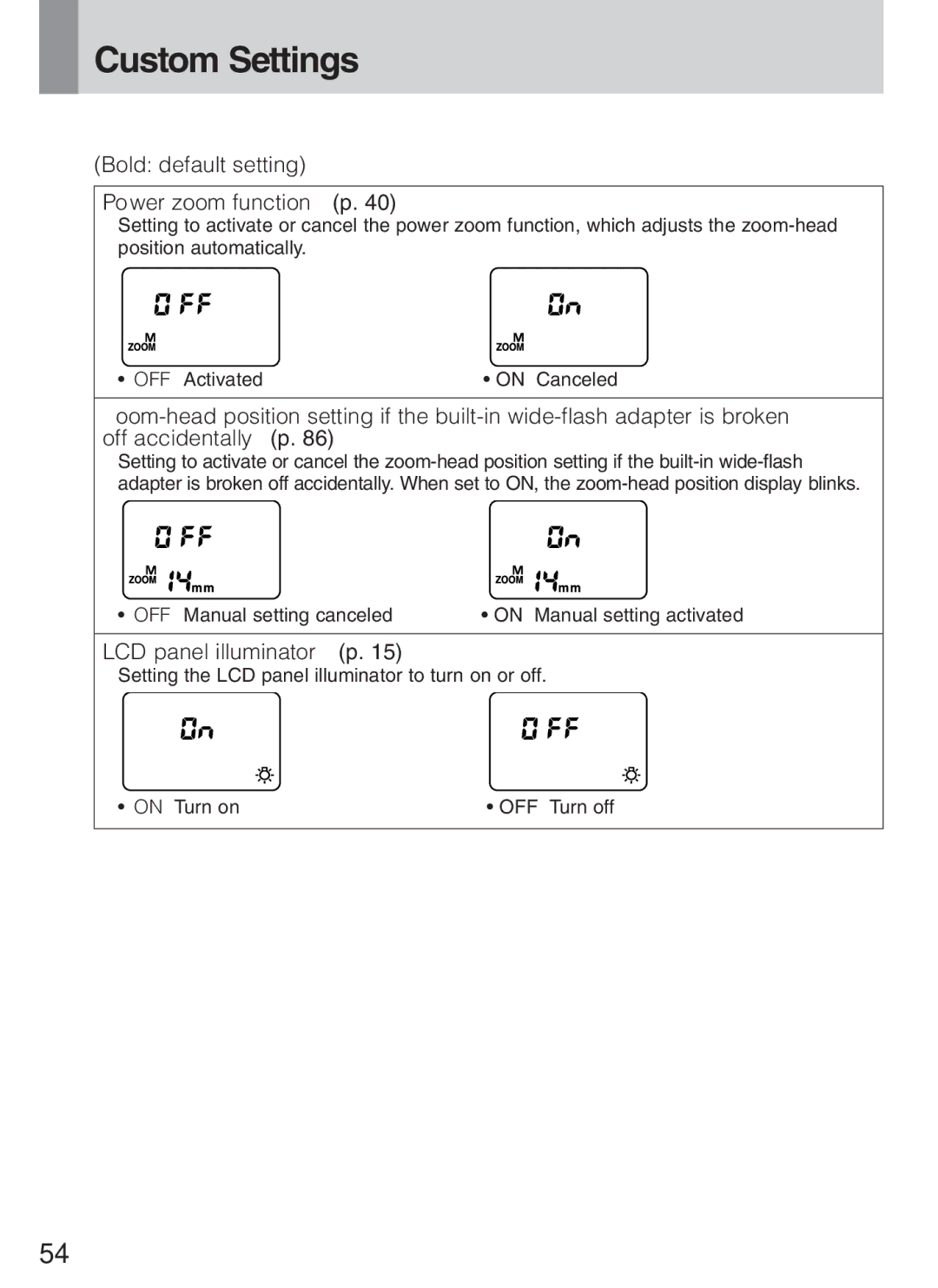 Nikon SB-600 instruction manual Custom Settings, Bold default setting Power zoom function p, LCD panel illuminator p 