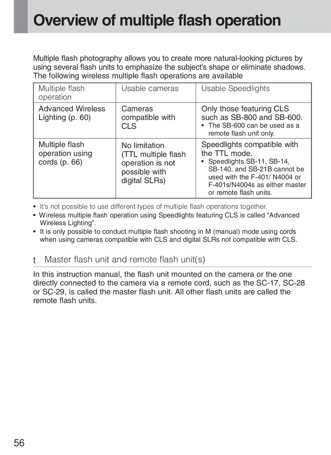 Nikon SB-600 Overview of multiple flash operation, Master flash unit and remote flash units, Possible with, Digital SLRs 