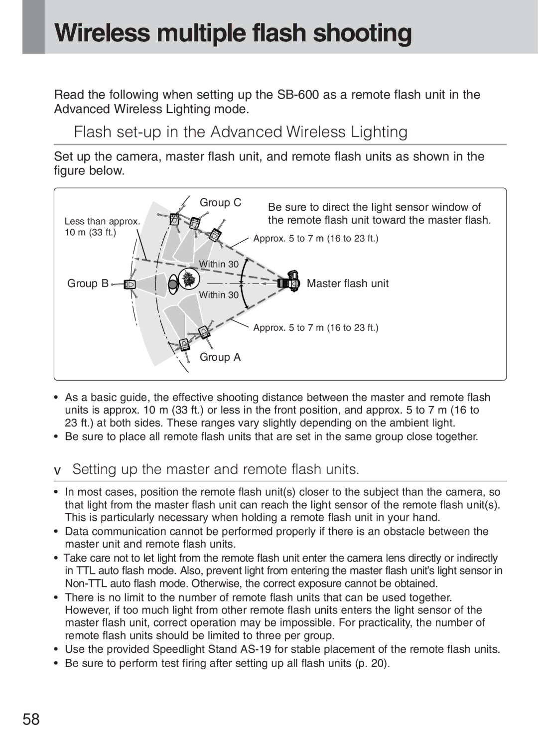 Nikon SB-600 instruction manual Wireless multiple flash shooting, Flash set-up in the Advanced Wireless Lighting 