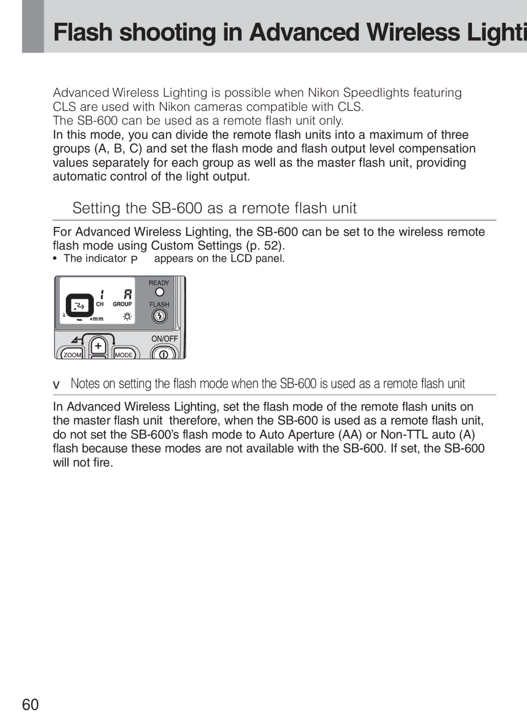 Nikon instruction manual Flash shooting in Advanced Wireless Lighting, Setting the SB-600 as a remote flash unit 