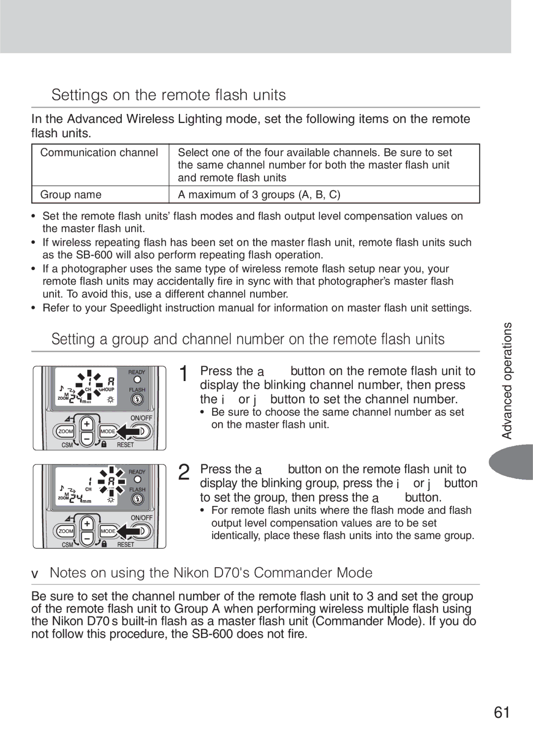 Nikon SB-600 Settings on the remote flash units, Setting a group and channel number on the remote flash units 